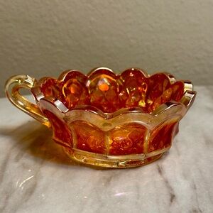Imperial antique Carnival Glass handled nappy bowl hanging grape color marigold